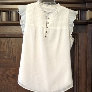 LOFT White Sleeveless Lined Dot-Textured Ruffle Yoke Blouse